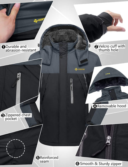 Men'S Windproof Ski Jacket Warm Raincoats Snowboarding Hooded Parka with Multi-Pockets